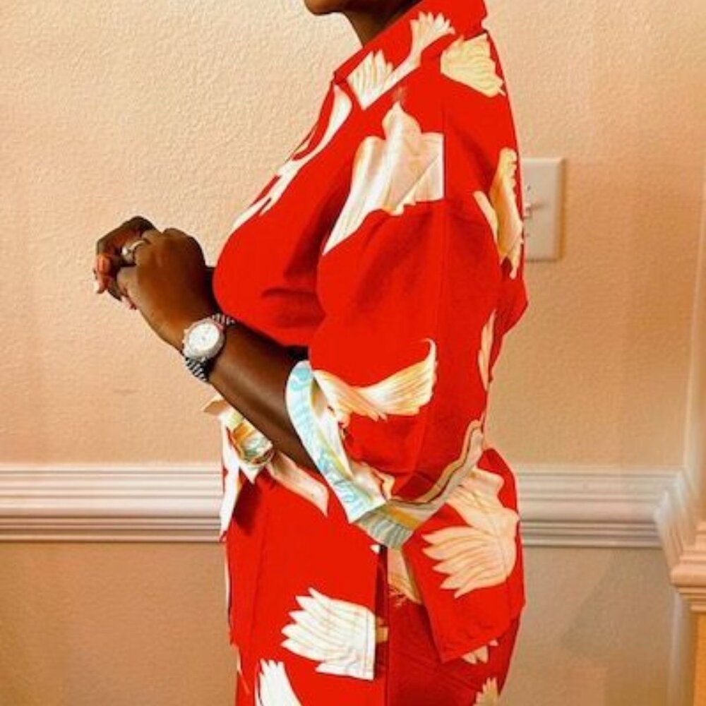Modaposa  Bird‎ Print poly chiffon Wrap Top & Wide Leg Pants Set elastic waist
